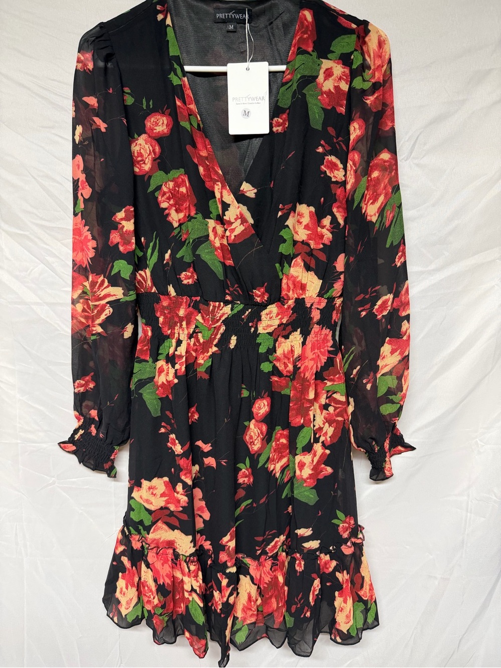 Black Floral Long-Sleeve Wrap Dress with Red & Green Print